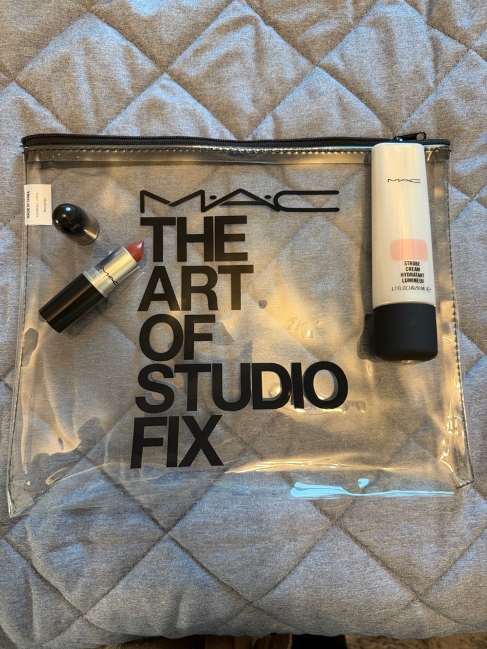 MAC bundle, strobe cream and satin lipstick W/ clear cosmetic pouch